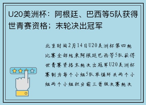 U20美洲杯：阿根廷、巴西等5队获得世青赛资格；末轮决出冠军