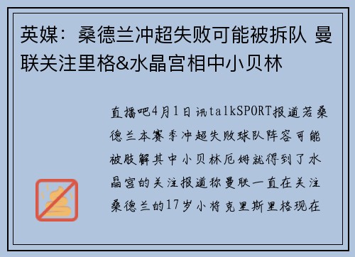英媒：桑德兰冲超失败可能被拆队 曼联关注里格&水晶宫相中小贝林