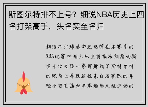 斯图尔特排不上号？细说NBA历史上四名打架高手，头名实至名归