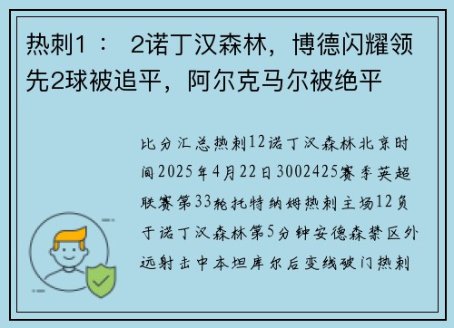 热刺1 ： 2诺丁汉森林，博德闪耀领先2球被追平，阿尔克马尔被绝平